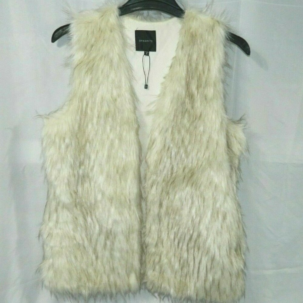 Dynamite White Tan Shaggy Beige Faux Fur Vest Jacket Womens M-L